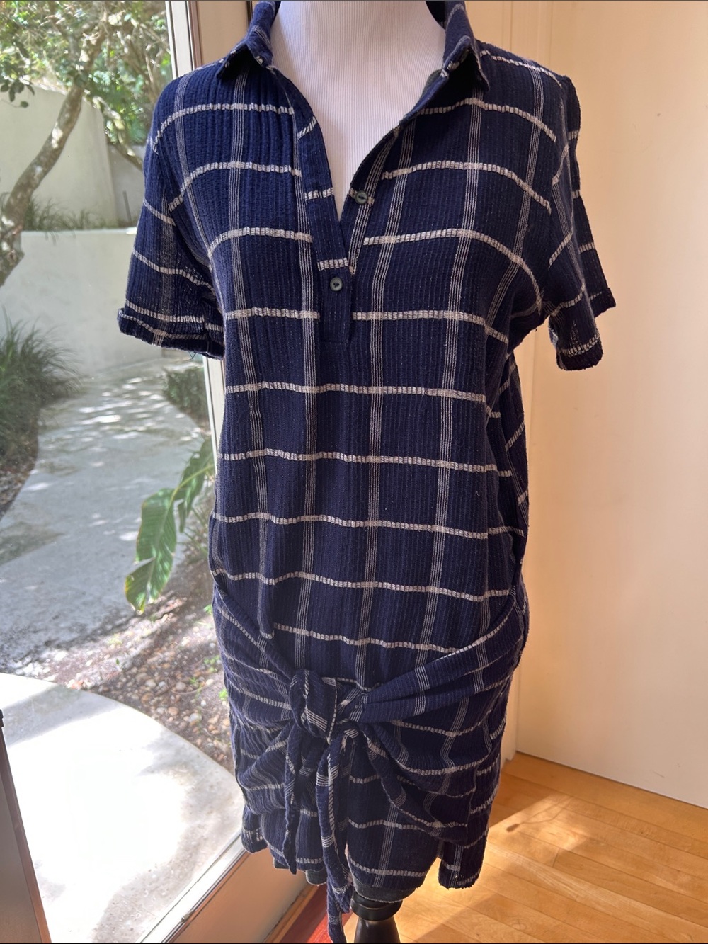 dolan Navy and White Plaid Short-Sleeve Tie-Front Tunic